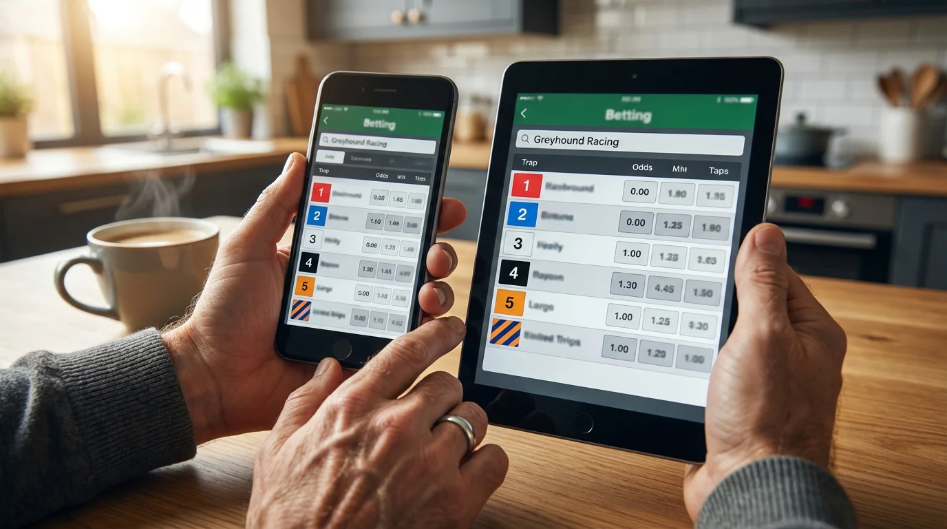 UK bookmaker screens showing Greyhound Derby betting odds and live streaming