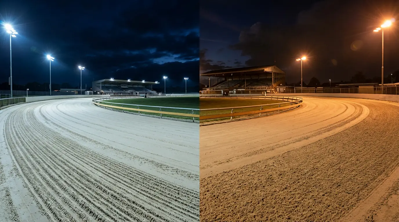 Split view of Towcester and Shelbourne Park greyhound racing tracks