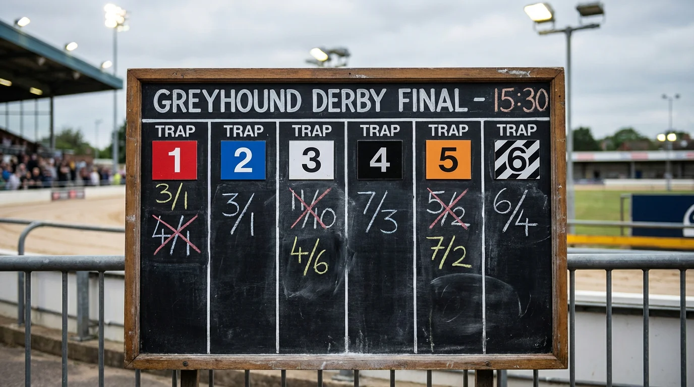 Ante-post betting odds board for the English Greyhound Derby showing price movements after draw