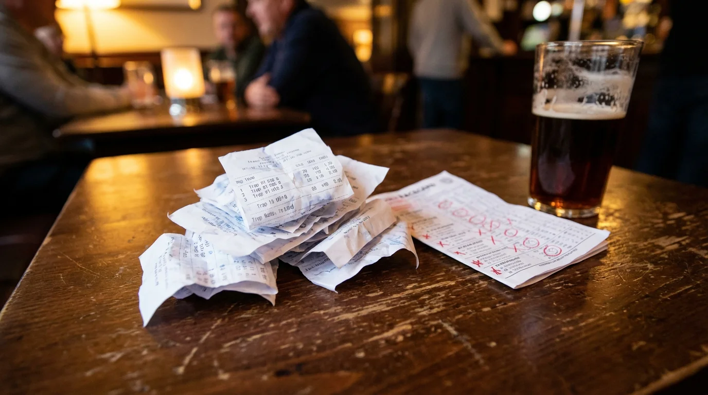 Crumpled betting slips on a wooden table next to a greyhound racecard