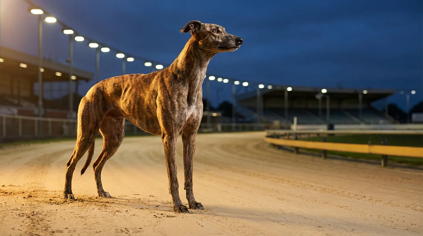 Champion greyhound standing proudly on a sand track with a winner's sash