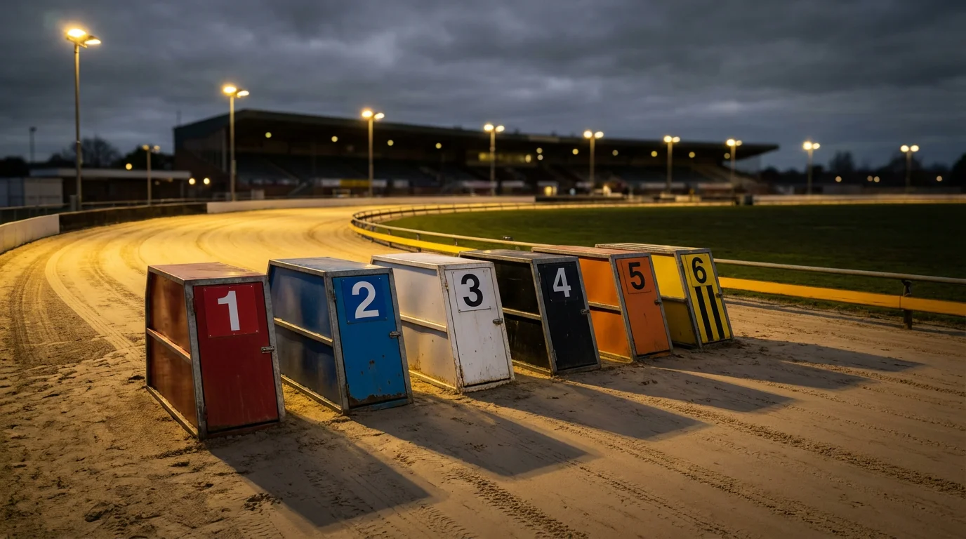 Greyhound Derby starting traps at Towcester Greyhound Stadium before a race