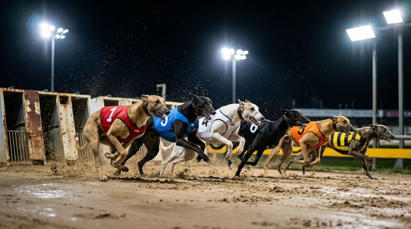 Greyhound Derby first round heats with six dogs racing on a sand track