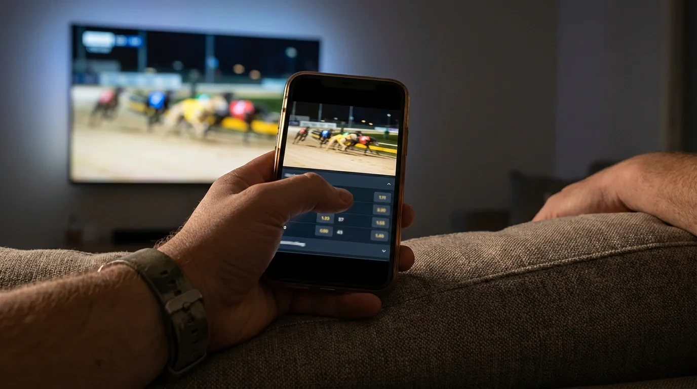 Person watching live greyhound racing on a phone screen with betting interface