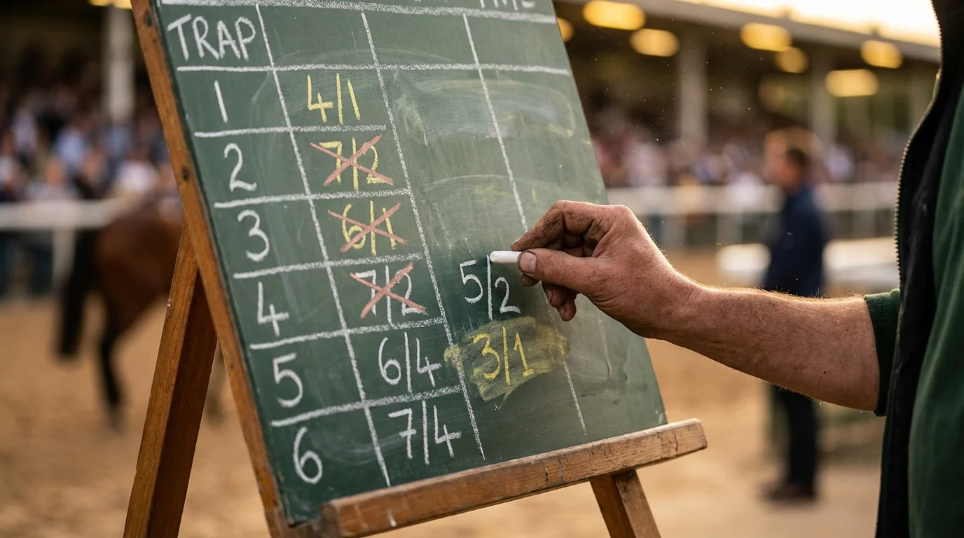 Bookmaker odds board with changing prices during a Greyhound Derby evening