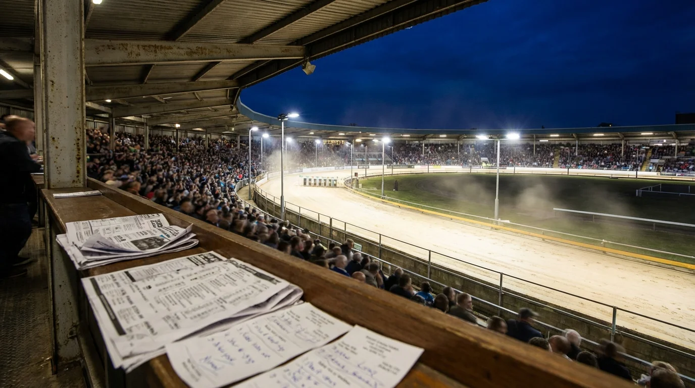 Greyhound racing card night at Towcester with floodlit track and packed programme