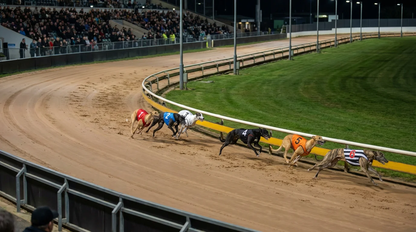 Towcester Greyhound Stadium first bend showing wide trap advantage on sand track