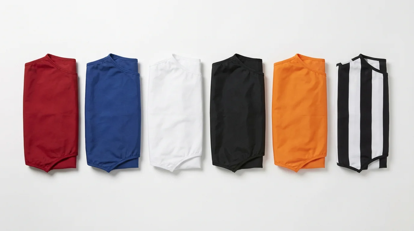 Six greyhound racing jackets in red, blue, white, black, orange and stripes laid out in order