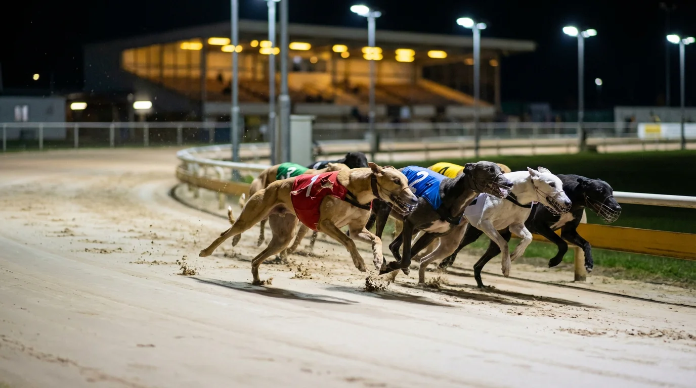 Greyhounds racing around a floodlit sand track on a clear evening