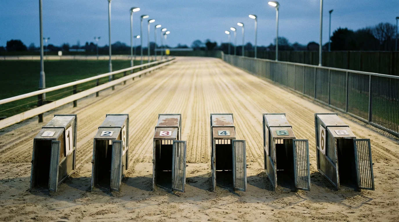 Greyhound starting traps at a sand track showing numbered trap positions