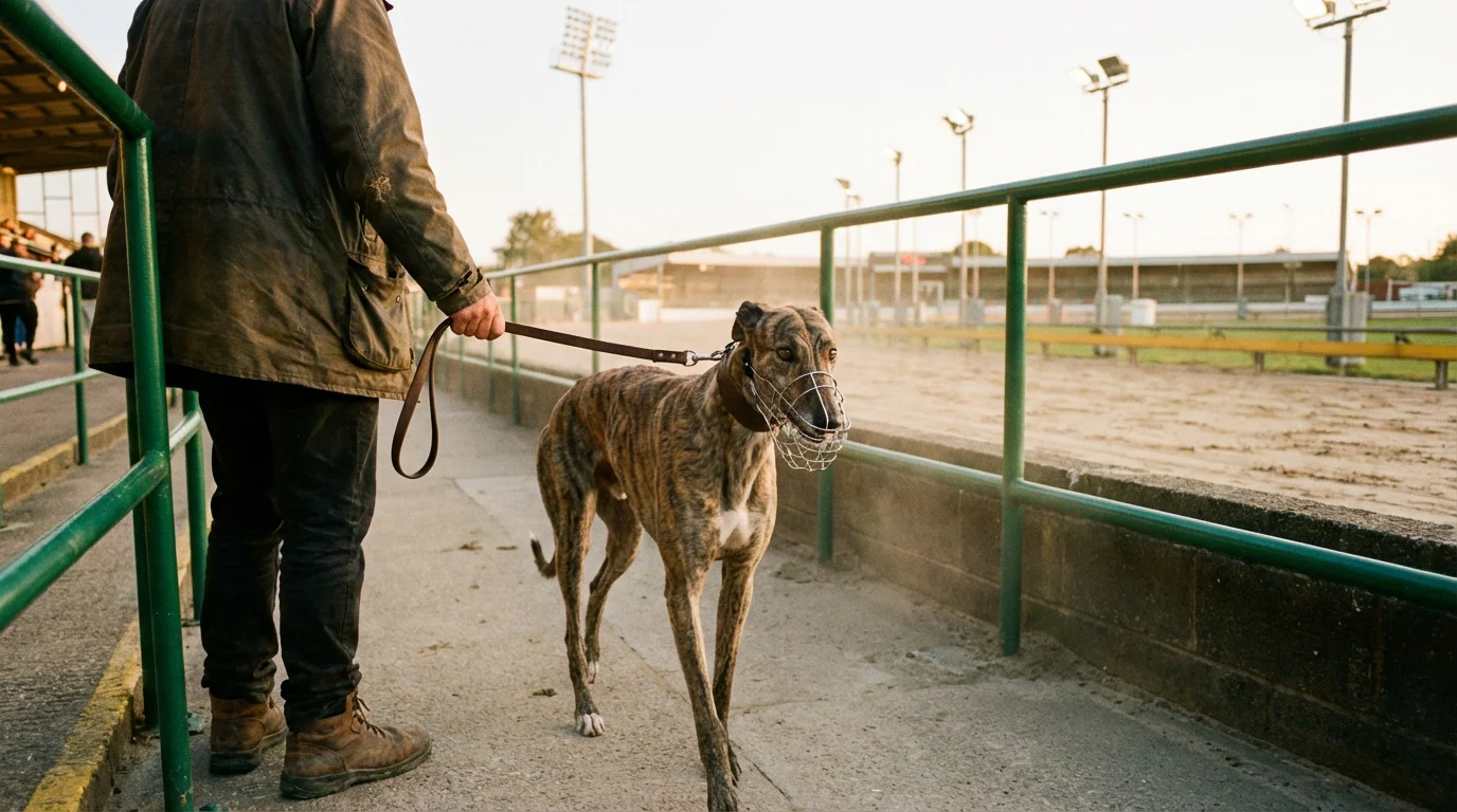 Greyhound wearing a racing jacket being led across a stadium paddock before the Derby