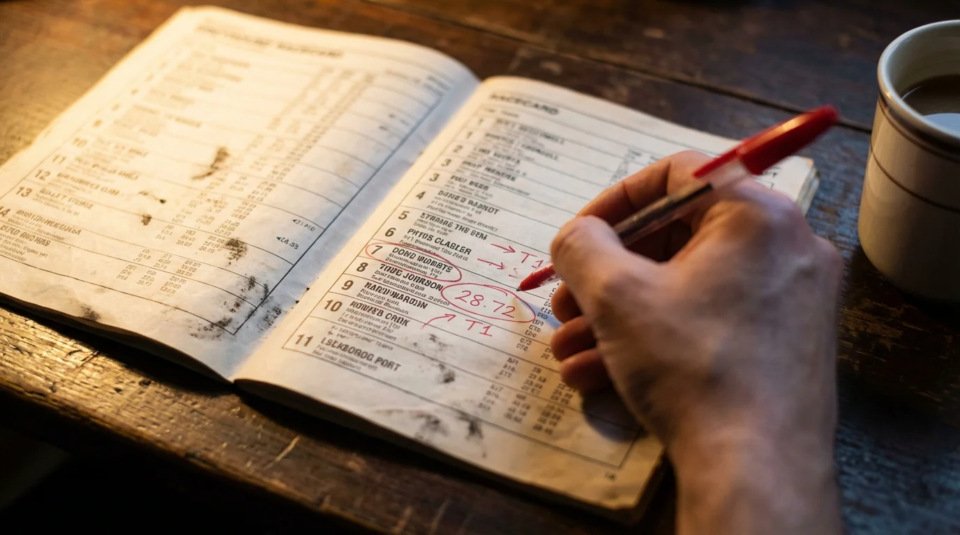 Greyhound racecard with form figures and pen markings for Derby analysis