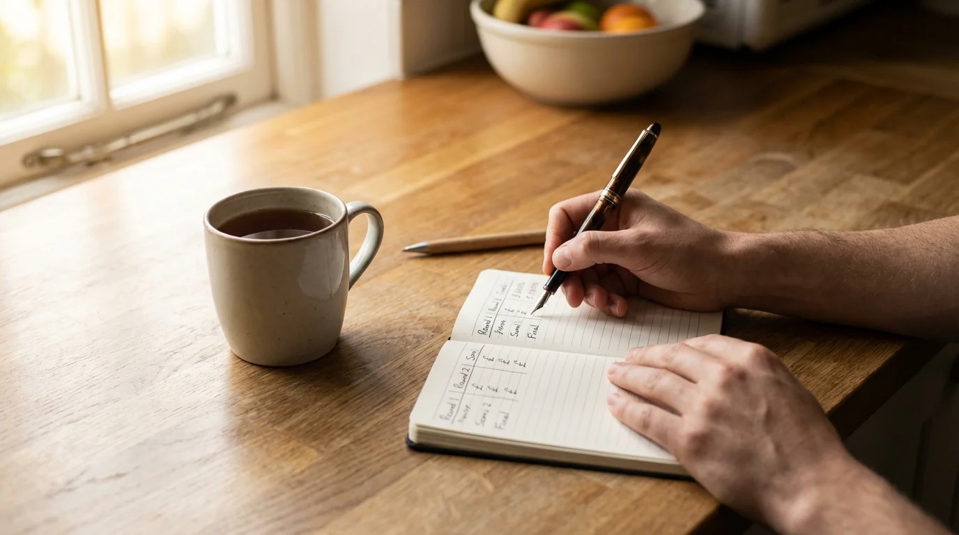 Person calmly reviewing a notebook with a betting budget plan at a desk