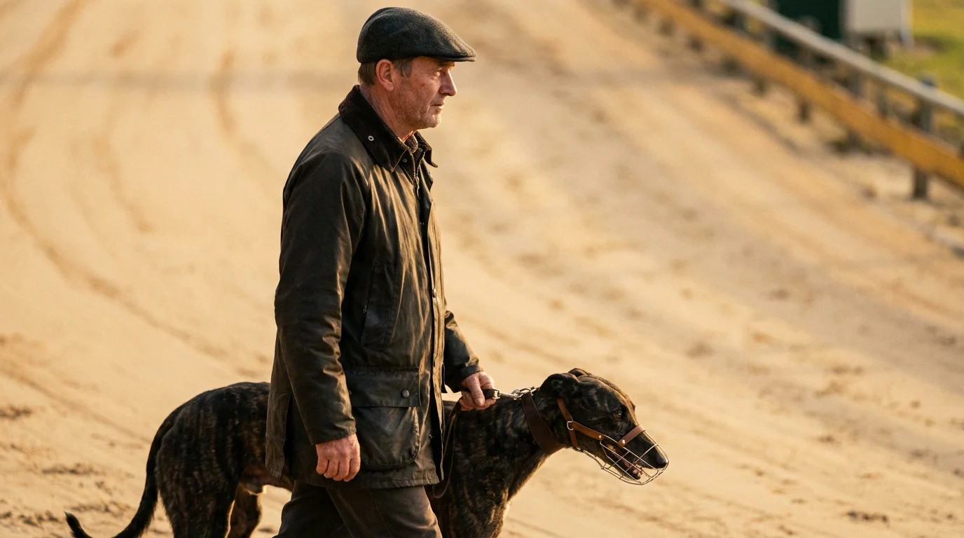 Greyhound trainer leading a racing dog on the track at a Derby event