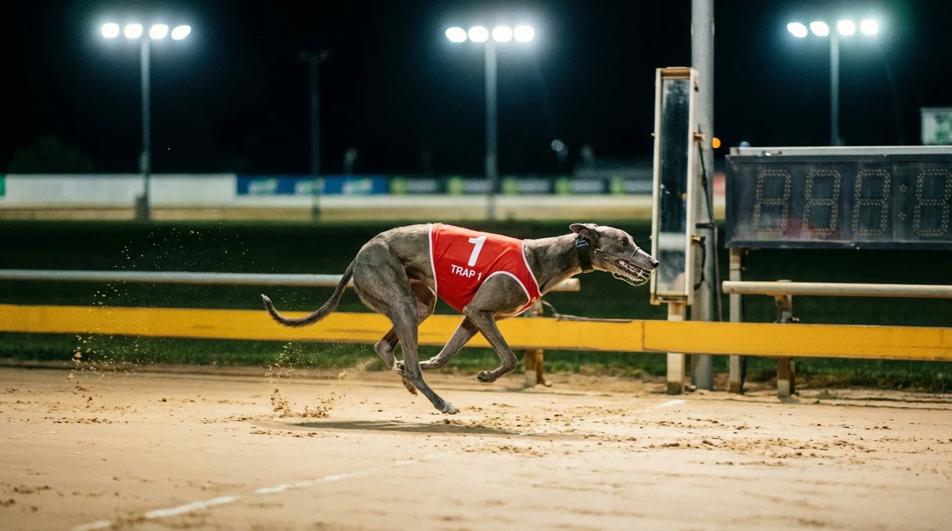 Greyhound crossing the finish line at speed on the Towcester 500m sand track