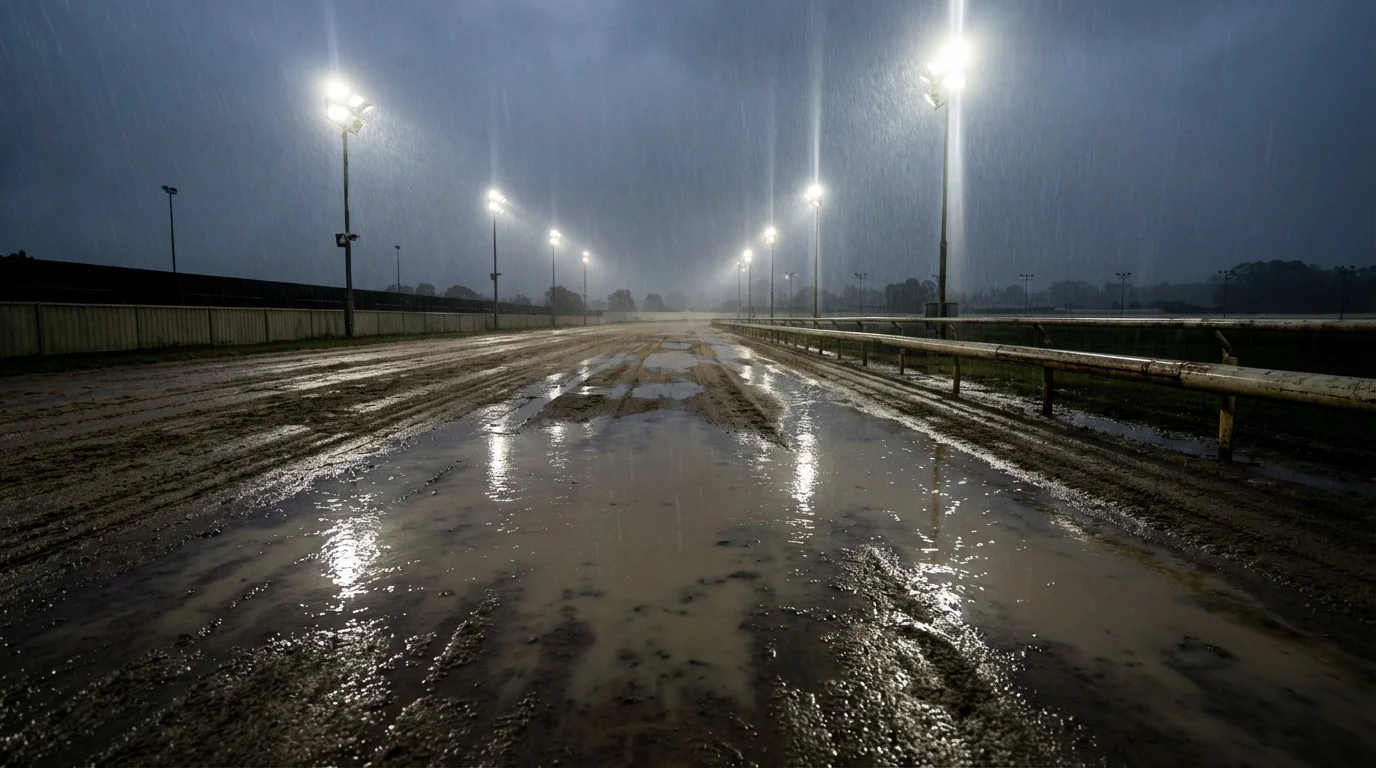 Wet sand track surface at a greyhound stadium with rain puddles reflecting floodlights